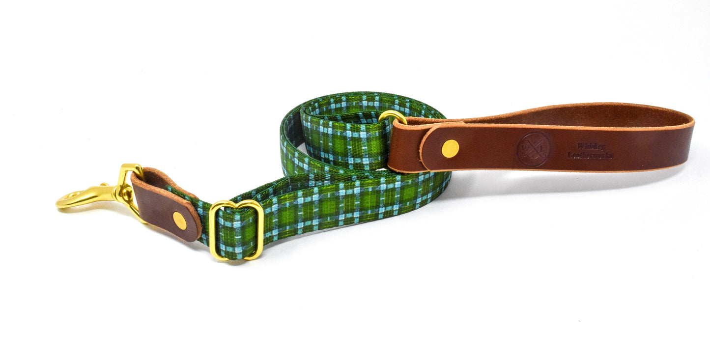 Whiskey Tartan Dog Leash – Handcrafted Leather & Brass (Fixed or Adjustable)