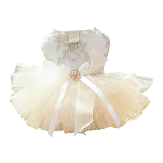 Fancy Bridal Dog Tutu Party Dress – Off-White Lace & Tulle Wedding Gown with Gold Embroidery, Satin Bow & Pearl Accent for Small to Medium Dogs (XS–XL)
