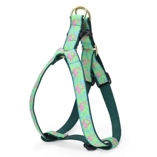 Up Country Flamingo Dog Harness & Leash Matching Set – Made in USA Adjustable Step-In Harness with Matching 5-ft Leash, Cast Brass Hardware, Machine Washable, Coast Guard-Approved Buckles (Small–Large Dogs)