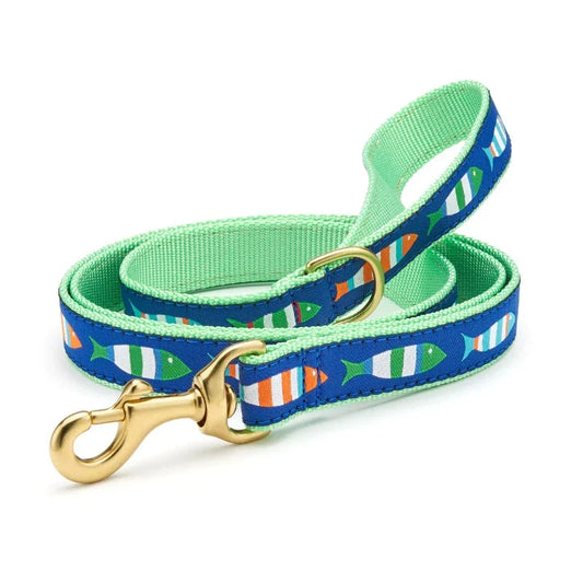 Up Country Funky Fish Dog Harness & Leash Matching Set – Made in USA Adjustable Step-In Harness with Matching 5-ft Leash, Vibrant Fish Print, Durable Nylon Webbing, Cast Brass Hardware, Coast Guard-Approved Buckles, Machine Washable (Small–Large Dogs)