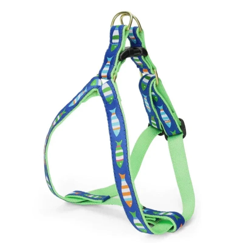 Up Country Funky Fish Dog Harness & Leash Matching Set – Made in USA Adjustable Step-In Harness with Matching 5-ft Leash, Vibrant Fish Print, Durable Nylon Webbing, Cast Brass Hardware, Coast Guard-Approved Buckles, Machine Washable (Small–Large Dogs)