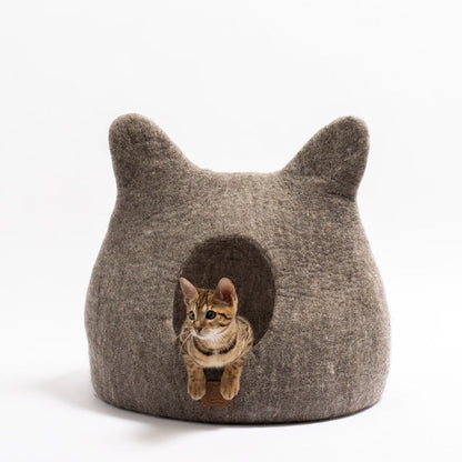 Fuzzy Cove Earth Brown Ear Style Felted Wool Cat Cave – Cozy Peekaboo Bed for Cats