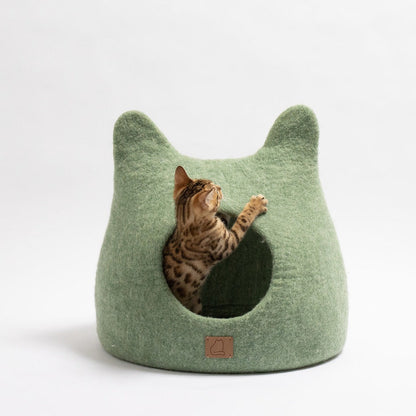 Fuzzy Cove Eucalyptus Green Ear Style Felted Wool Cat Cave – Luxury Peekaboo Bed for Cats