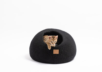 Fuzzy Cove Night Black Round Style Felted Wool Cat Cave – Cozy Enclosed Bed for Cats
