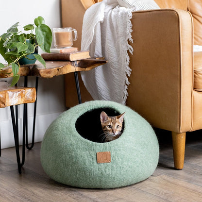 Fuzzy Cove Eucalyptus Green Round Felted Wool Cat Cave – Cozy Enclosed Bed for Cats