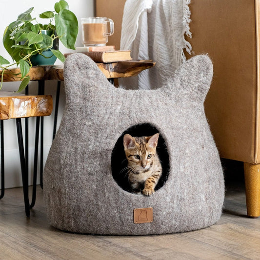 Fuzzy Cove Earth Brown Ear Style Felted Wool Cat Cave – Cozy Peekaboo Bed for Cats