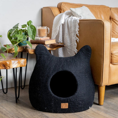 Fuzzy Cove Night Black Ear Style Felted Wool Cat Cave – Handcrafted Peekaboo Cozy Bed for Cats