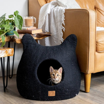 Fuzzy Cove Night Black Ear Style Felted Wool Cat Cave – Handcrafted Peekaboo Cozy Bed for Cats