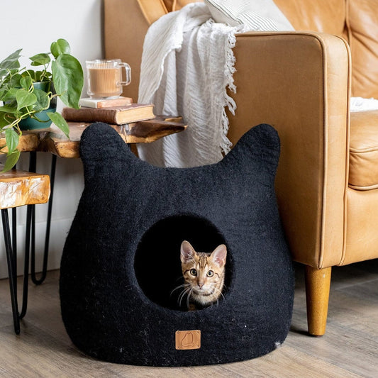 Fuzzy Cove Night Black Ear Style Felted Wool Cat Cave – Handcrafted Peekaboo Cozy Bed for Cats