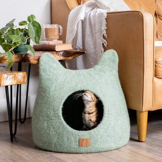 Fuzzy Cove Eucalyptus Green Ear Style Felted Wool Cat Cave – Luxury Peekaboo Bed for Cats