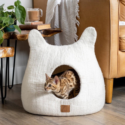 Fuzzy Cove Snow White Ear Style Felted Wool Cat Cave – Luxury Peekaboo Bed for Cats