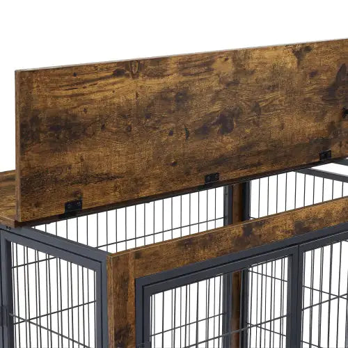 Rolling Rustic Brown Dog Crate Table – Furniture-Style Kennel with Double Doors & Wheels