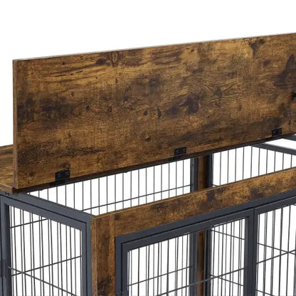Rolling Rustic Brown Dog Crate Table – Furniture-Style Kennel with Double Doors & Wheels