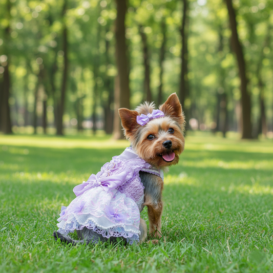 Handmade Luxury Dog Dress Purple Lace Pearl Bow Outfit