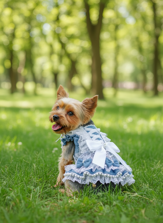 Elegant Blue Lace Pearl Dog Dress