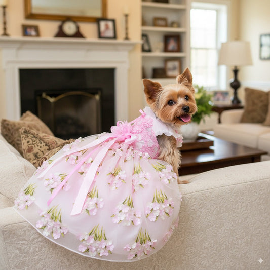 Pet Dress Pink Floral Tulle Gown with Bow