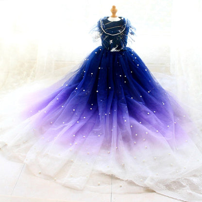 Designer Handmade Navy Blue Trailing Dog Party Dress – Luxury Satin & Tulle Gown with Rhinestones, Pearls & Sequin Stars for Small to Large Dogs (XS–XL + Custom)