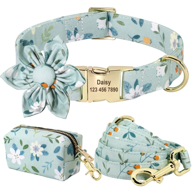 Light Blue Flower Dog Collar & Leash Set with Matching Poop Bag Case – Personalized Engraved Floral Collar Set with Gold Hardware (S–L)