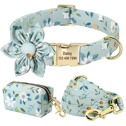 Light Blue Flower Dog Collar & Leash Set with Matching Poop Bag Case – Personalized Engraved Floral Collar Set with Gold Hardware (S–L)