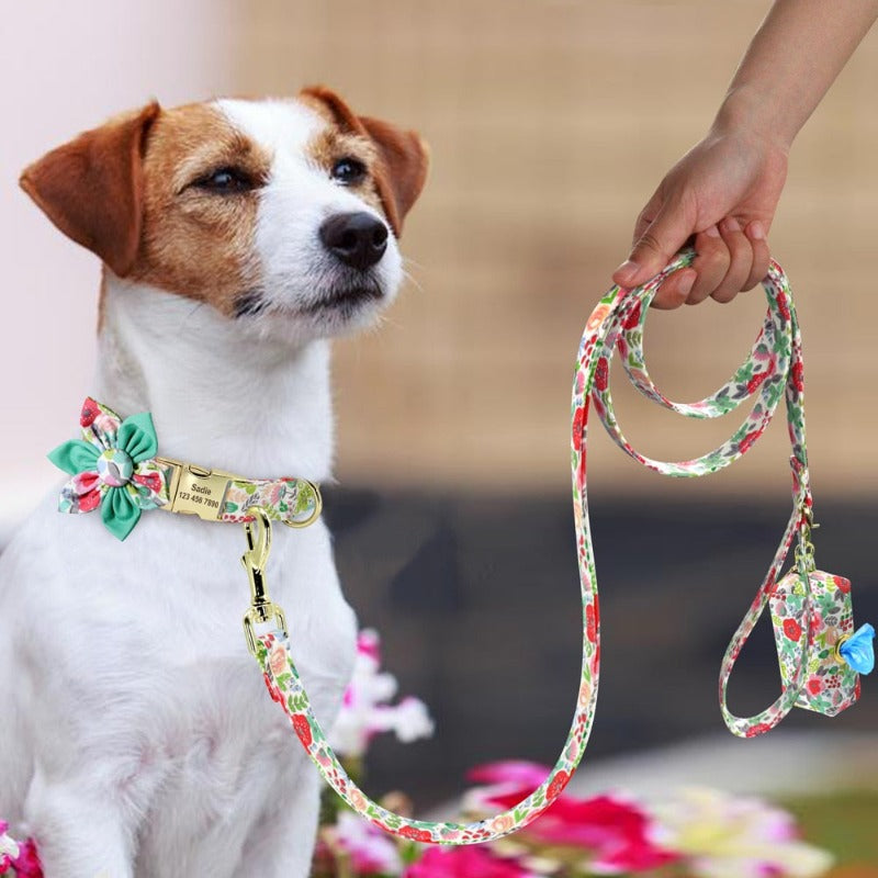 Floral Garden Dog Collar & Leash Set with Matching Poop Bag Case | Personalized Free