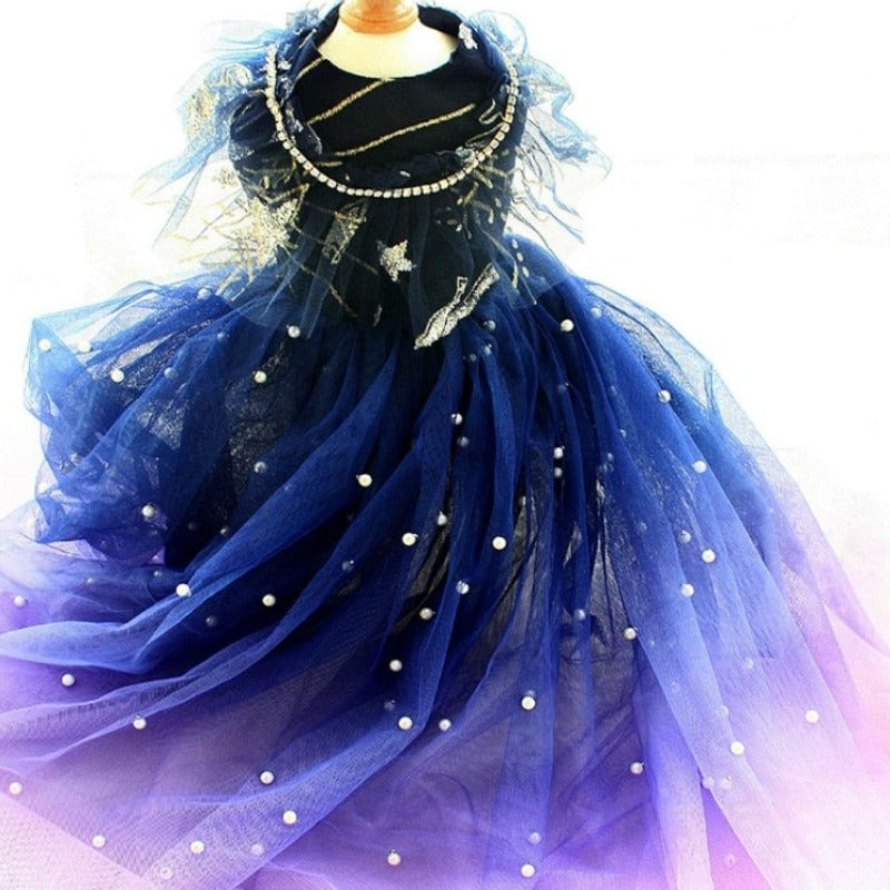 Designer Handmade Navy Blue Trailing Dog Party Dress – Luxury Satin & Tulle Gown with Rhinestones, Pearls & Sequin Stars for Small to Large Dogs (XS–XL + Custom)