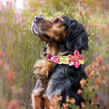 Pink Rose Flower Dog Collar & Leash Set – Personalized Engraved Floral Collar with Removable Rose for Small, Medium & Large Dogs | Posh Dog Life