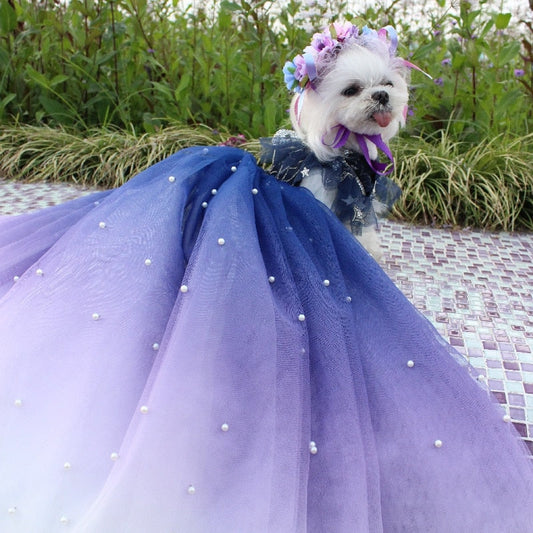 Designer Handmade Navy Blue Trailing Dog Party Dress – Luxury Satin & Tulle Gown with Rhinestones, Pearls & Sequin Stars for Small to Large Dogs (XS–XL + Custom)