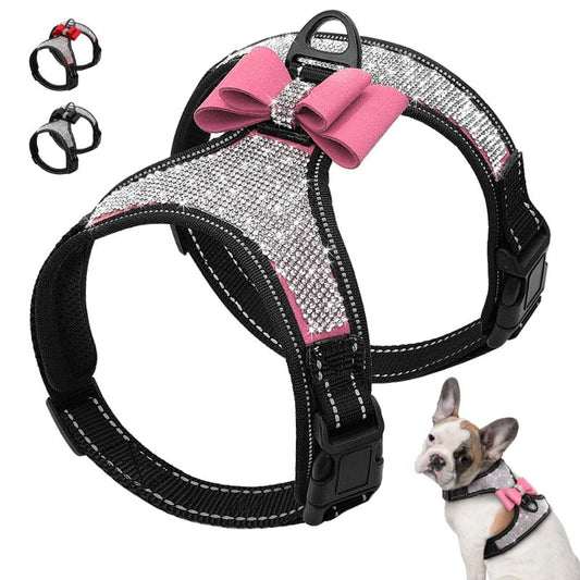 Reflective Bling Rhinestone Bow Dog Harness – Adjustable Mesh Harness with Sparkling Rhinestones, Reflective Straps & Quick-Release Buckle, Available in 5 Colors for Small, Medium & Large Dogs (S–L, Up to 28" Chest)