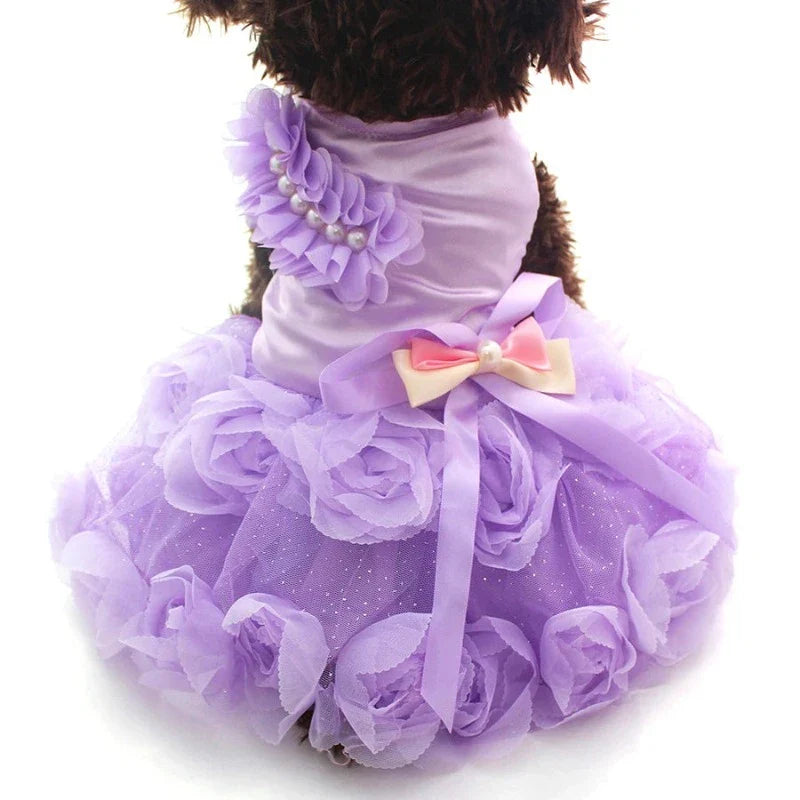 Elegant Roses Dog Party Dress – Beaded Pearl Shoulder Trim & 3D Floral Bow Design for Small to Medium Dogs (XS–XL, Pink or Purple)