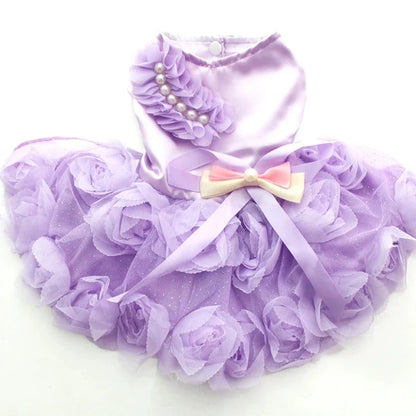 Elegant Roses Dog Party Dress – Beaded Pearl Shoulder Trim & 3D Floral Bow Design for Small to Medium Dogs (XS–XL, Pink or Purple)