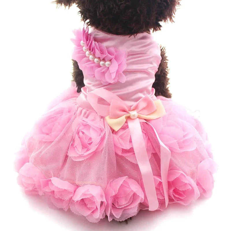 Elegant Roses Dog Party Dress – Beaded Pearl Shoulder Trim & 3D Floral Bow Design for Small to Medium Dogs (XS–XL, Pink or Purple)
