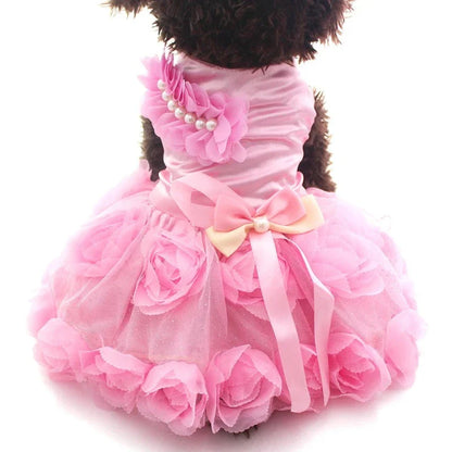Elegant Roses Dog Party Dress – Beaded Pearl Shoulder Trim & 3D Floral Bow Design for Small to Medium Dogs (XS–XL, Pink or Purple)
