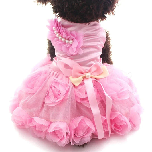 Elegant Roses Dog Party Dress – Beaded Pearl Shoulder Trim & 3D Floral Bow Design for Small to Medium Dogs (XS–XL, Pink or Purple)