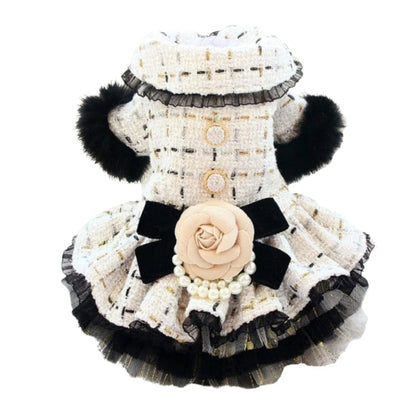 Designer Chanel-Inspired Tweed Dog Dress Coat – Handmade Luxury Dog Coat with Fur Trim, Lace & Tulle Skirt (S–2XL, Custom Sizes Available)