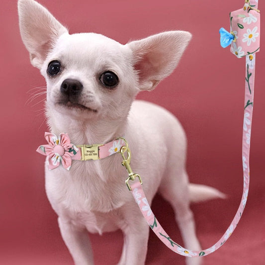 Pink Daisy Flower Collar & Leash Set with Matching Poop Bag Case – Personalized Free Engraving, Adjustable Nylon Floral Dog Collar with Gold Hardware, Detachable Flower & 5-ft Leash (S–L, Small–Large Dogs)