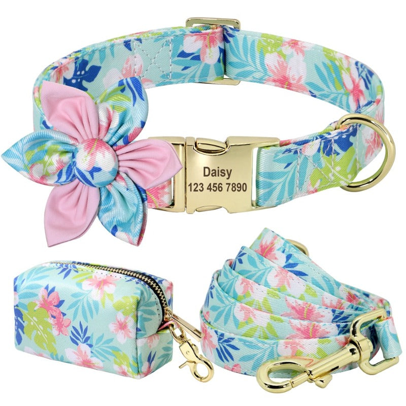 Pastel Pink Flower Dog Collar & Leash Set with Matching Poop Bag Case – Personalized Engraved Collar, Detachable Floral Slider, and 5-ft Leash for Small to Large Dogs (S–L)