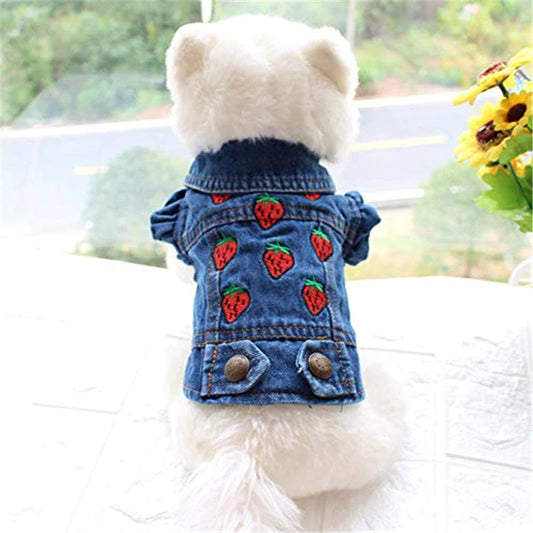 Sweet Strawberry Denim Jacket – Embroidered Ruffle Jean Vest for Small Dogs (XS–2XL)