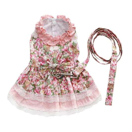 Vintage Rose Harness Dog Dress & Leash Set – Pink Cotton Floral Bow Dress for Small Dogs (S–2XL)