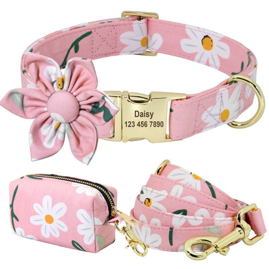 Pink Daisy Flower Collar & Leash Set with Matching Poop Bag Case – Personalized Free Engraving, Adjustable Nylon Floral Dog Collar with Gold Hardware, Detachable Flower & 5-ft Leash (S–L, Small–Large Dogs)