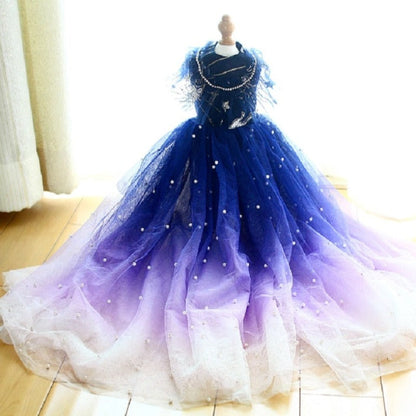 Designer Handmade Navy Blue Trailing Dog Party Dress – Luxury Satin & Tulle Gown with Rhinestones, Pearls & Sequin Stars for Small to Large Dogs (XS–XL + Custom)