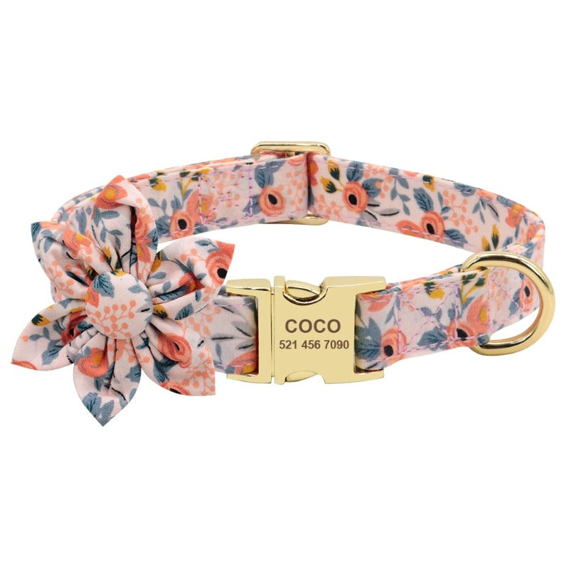 Peachy Pink Flower Dog Collar & Leash Set – Personalized Engraved Floral Collar with Handsewn Flower Slider & Matching 5ft Leash for Small, Medium & Large Dogs | Posh Dog Life