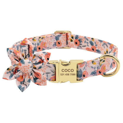 Peachy Pink Flower Dog Collar & Leash Set – Personalized Engraved Floral Collar with Handsewn Flower Slider & Matching 5ft Leash for Small, Medium & Large Dogs | Posh Dog Life