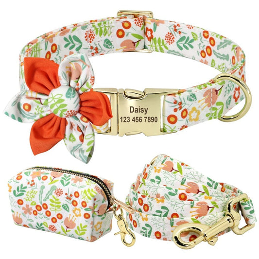 Orange Flower Dog Collar & Leash Set with Matching Poop Bag Case | Personalized Free – Custom Engraved Floral Collar, Matching 5-ft Leash & Poop Bag Holder with Gold Hardware, Breathable Nylon & Detachable Flower for Small, Medium & Large Dogs (S–L)