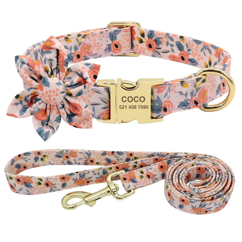 Peachy Pink Flower Dog Collar & Leash Set – Personalized Engraved Floral Collar with Handsewn Flower Slider & Matching 5ft Leash for Small, Medium & Large Dogs | Posh Dog Life