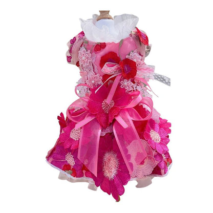 Designer Handmade Hot Pink Daisy Dog Party Dress – Embroidered Flower & Tulle Skirt with Ribbon Bow, Lace Detail for Small to Medium Dogs (XS–XL)