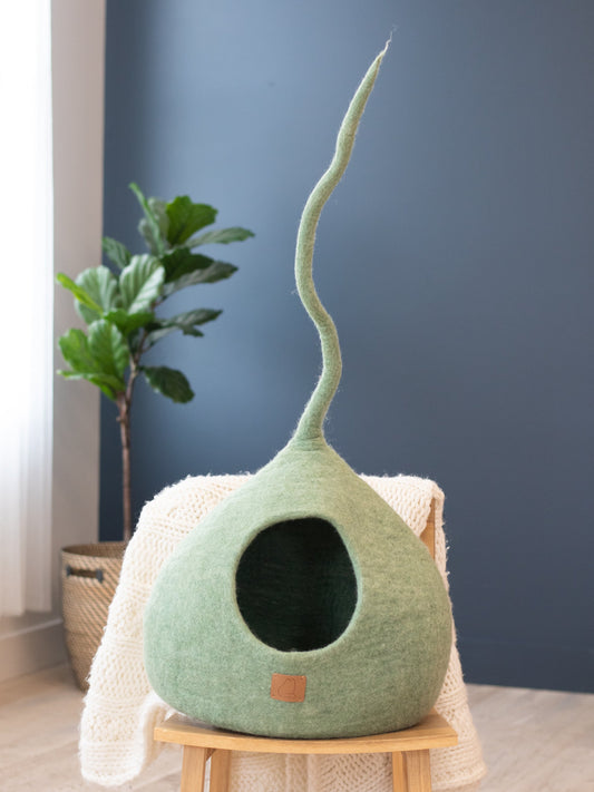 Fuzzy Cove Eucalyptus Green Tail Style Felted Wool Cat Cave – Handcrafted Peekaboo Cozy Bed for Cats