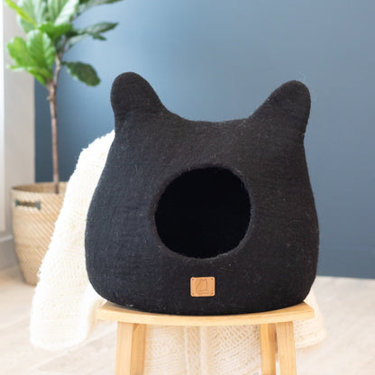 Fuzzy Cove Night Black Ear Style Felted Wool Cat Cave – Handcrafted Peekaboo Cozy Bed for Cats