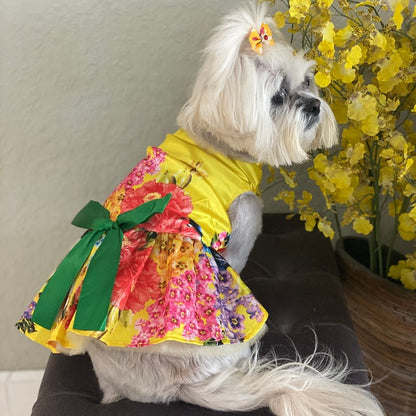 Yellow Floral Dog Party Dress – Elegant Satin Dog Dress with Green Bow & Tulle Skirt for Small Breeds | Posh Dog Life