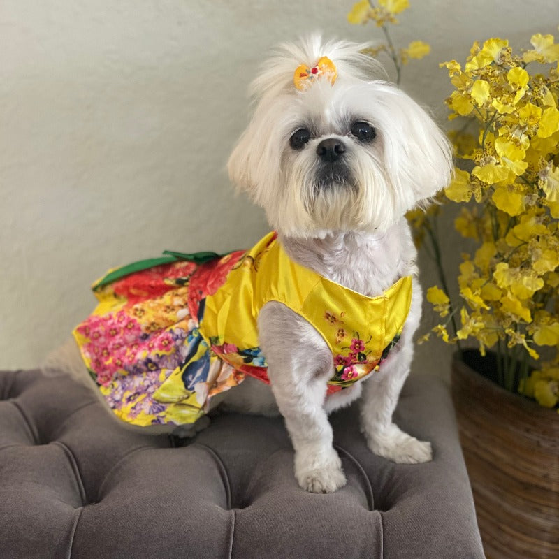 Yellow Floral Dog Party Dress – Elegant Satin Dog Dress with Green Bow & Tulle Skirt for Small Breeds | Posh Dog Life
