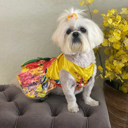 Yellow Floral Dog Party Dress – Elegant Satin Dog Dress with Green Bow & Tulle Skirt for Small Breeds | Posh Dog Life
